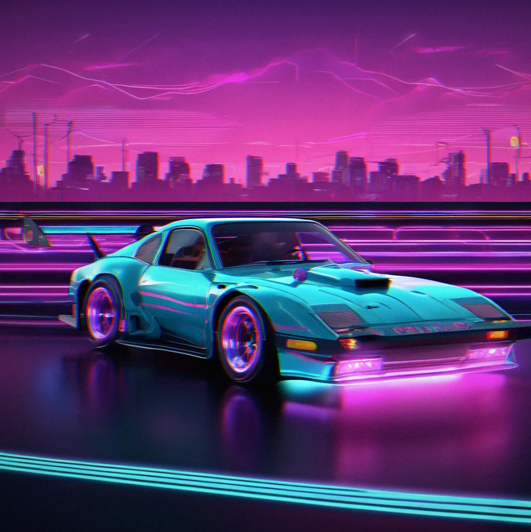 A neon racing track with that classic arcade grid look, curves stretching out toward a pink and blue sky