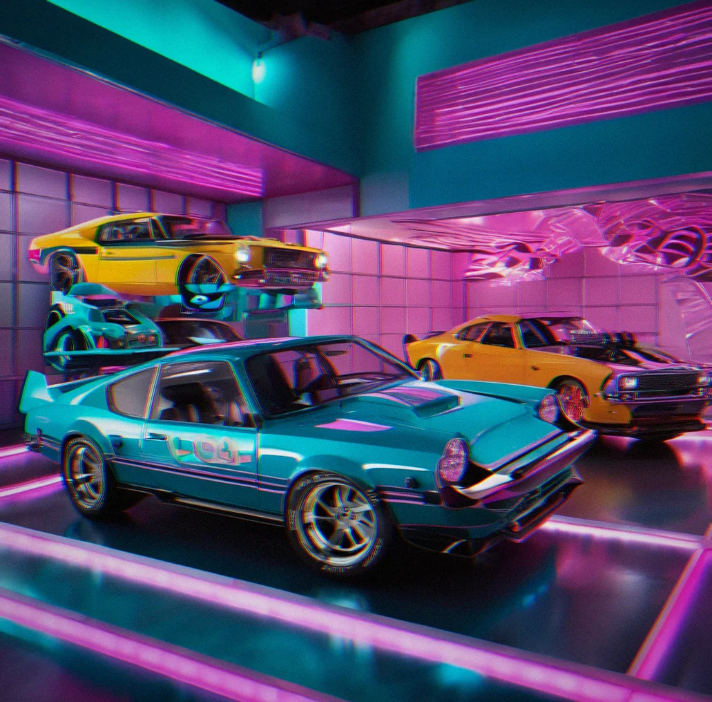 Your garage with four custom cars on display, each one painted differently and loaded with its own setup