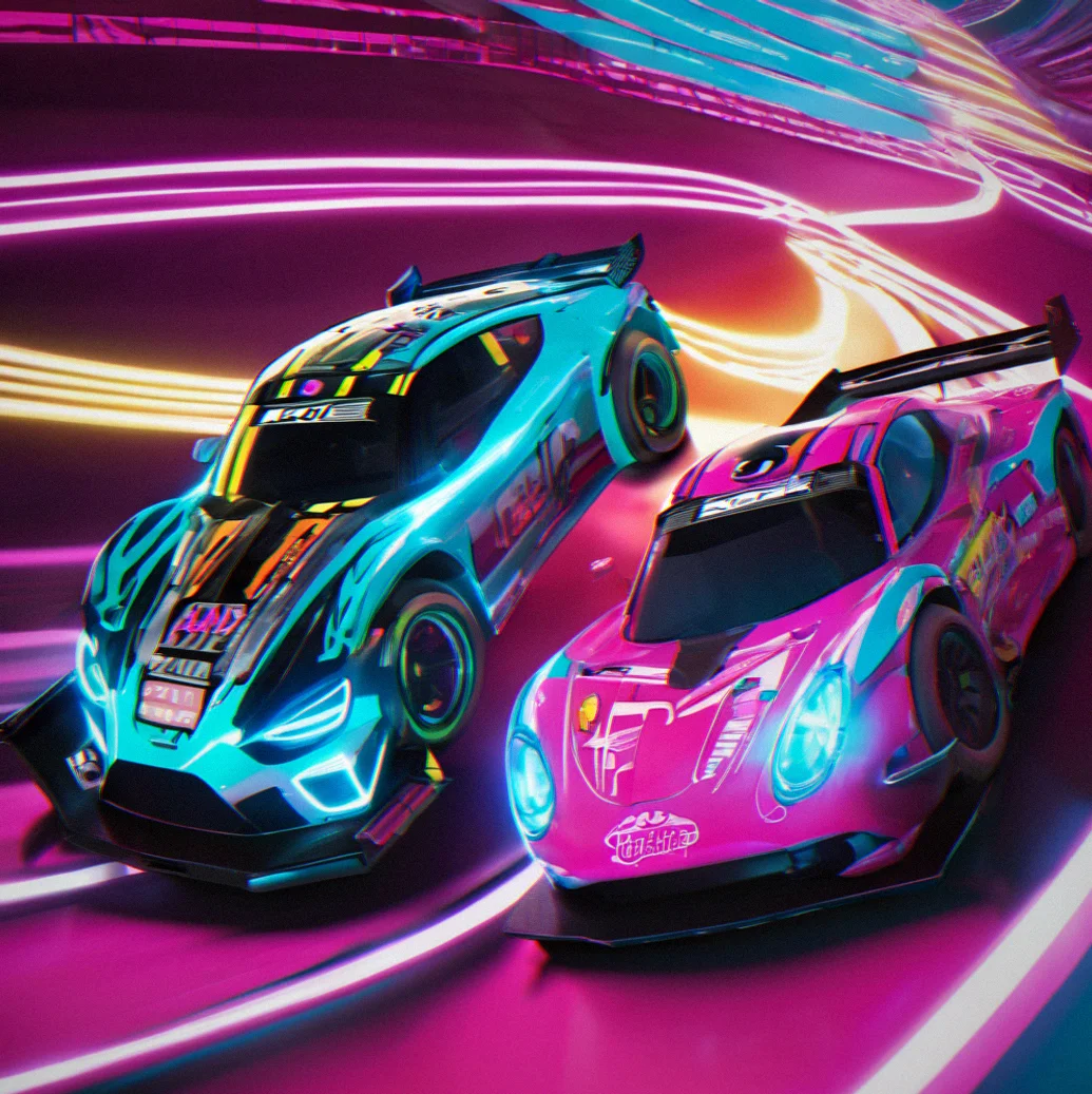 Head-to-head duel screen showing two racers approaching a corner, real-time gap indicator 0.347 seconds, brake point markers on track