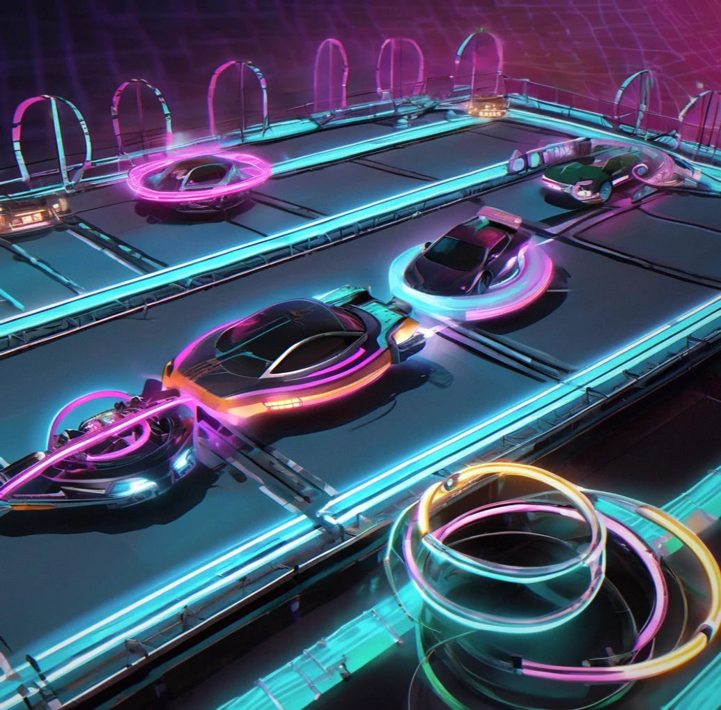 Aerial obstacle course showing player vehicle navigating through sequence of twelve floating ring gates with speed indicator at 142 mph