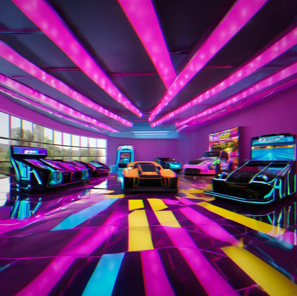 Vehicle garage showroom displaying five customized arcade rcaers with unique paint schemes: neon blue, metallic pink, chrome gold, electric purple, and matte black