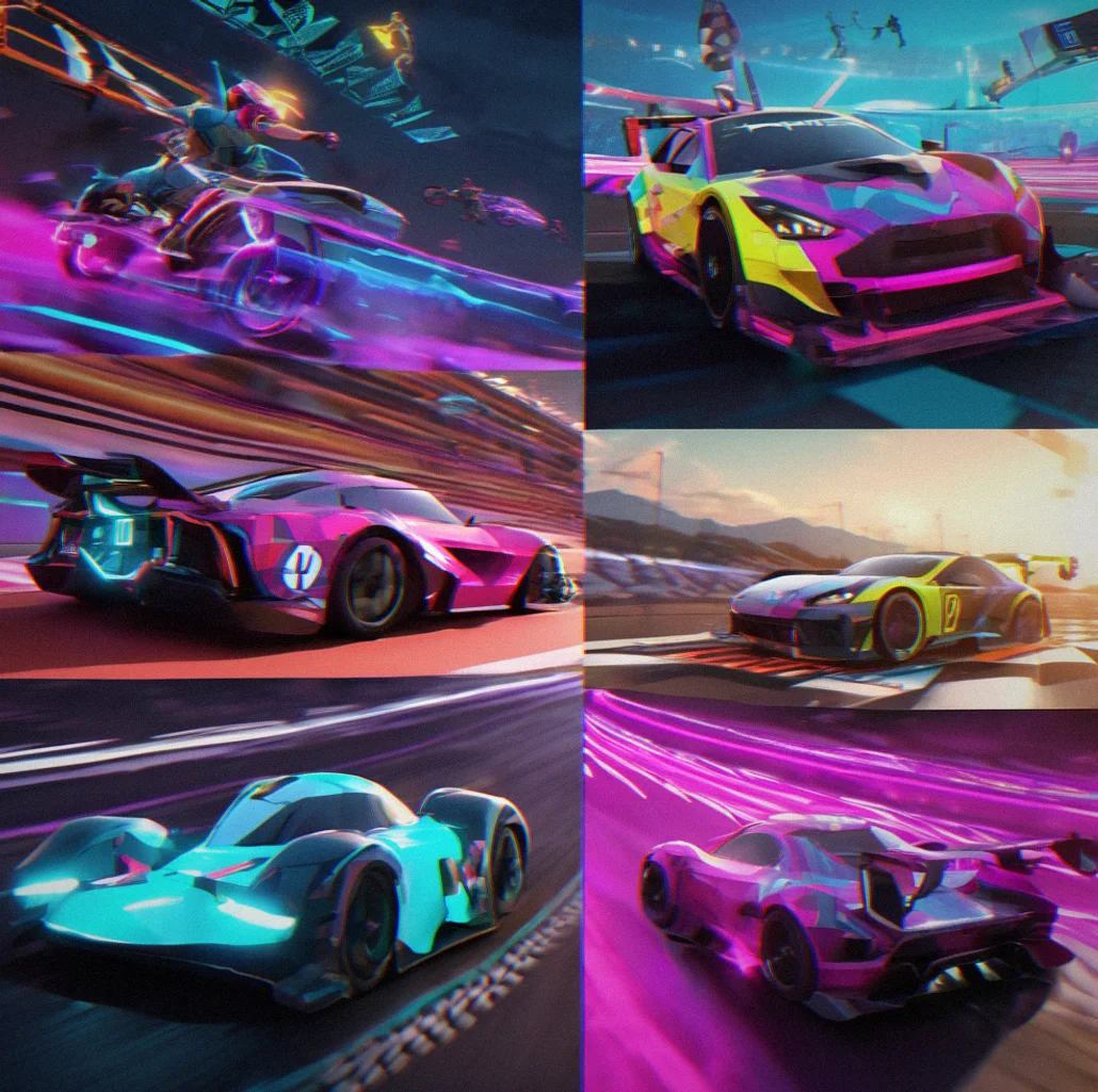 Split-screen showing three distinct race modes: time trial lap timer, head-to-head duel with gap indicator, and aerial obstacle course with ring gates