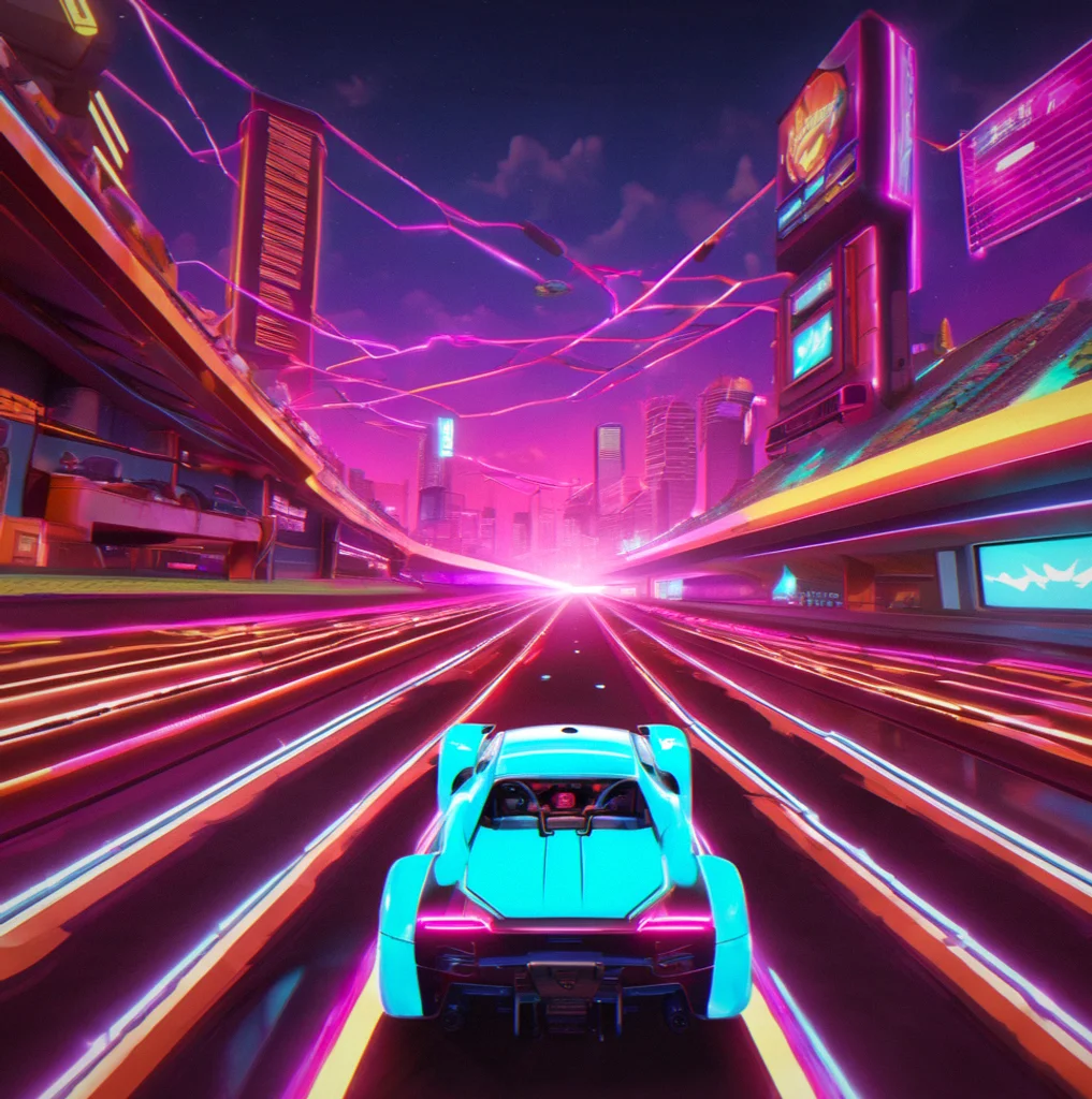 Two arcade racers going head-to-head on a neon-lit track, with your opponent's car visible and your ranked position updating in real time