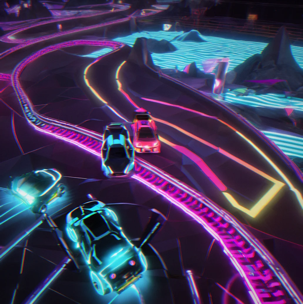 ArcPilot racing game screenshot showing a neon-lit arcade racer vehicle on a curved track with ranked ladder leaderboard overlay