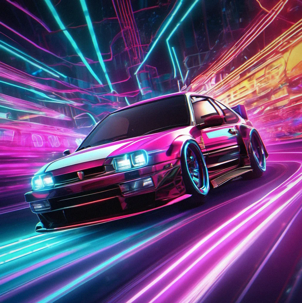 A car taking a hard corner on a neon arcade track with those retro scanline effects overlaid, speed hitting 142 mph and sitting in 4th gear