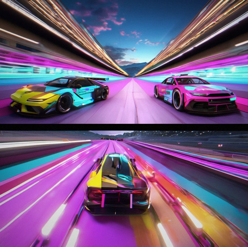 Split-screen duel with both racers side by side going through the same track section, gap indicator running in real time and brake markers laid out