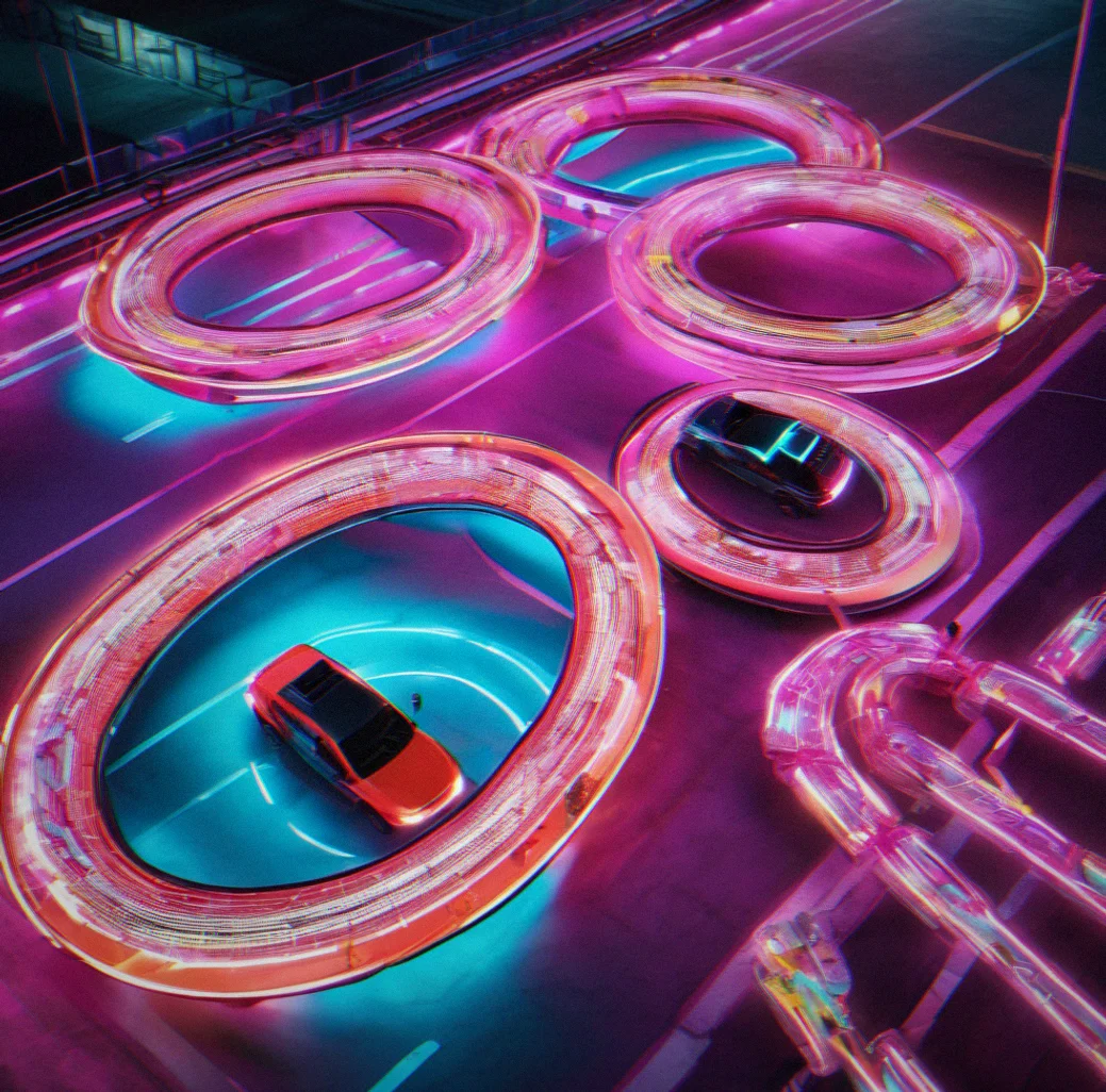 Overhead view of an obstacle course where your vehicle is threading through a long chain of floating rings at serious speed
