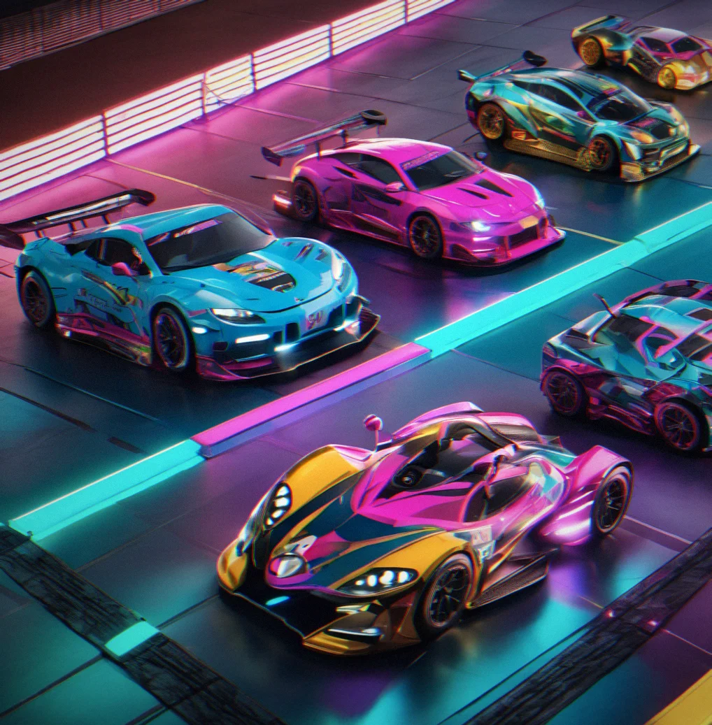 Your garage with six different racers lined up, each with its own paint job — metallic blue, neon pink, chrome gold, and a few others